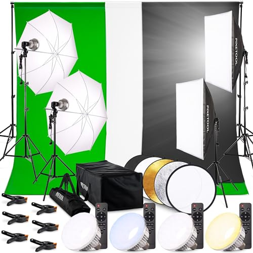 PIXETOOL Fotostudio Set - Greenscreen mit Ständer (3m x 3m) – Softbox Durchlichtschirm Lampen Set - 3X Fotohintergrund - Reflektor - Gaming Streaming Fotografie Green Screen - Studiolicht Fotolampe