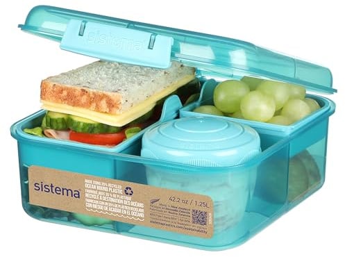 Sistema Bento Box Ocean Bound Plastic Brotdose mit Fächern | 1,25 L Lunchbox mit Joghurt-/Fruchtbehälter | Lunchbox Kinder & Erwachsene l | Hergestellt mit recyceltem Kunststoff | türkis
