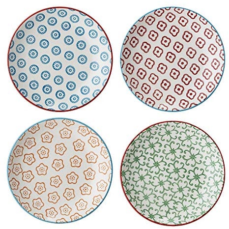 Bloomingville Teller klein Emma Retro Unterteller Untertassen Brotteller rund ø 13 cm, blau rot orange grün, Keramik, 4er Set