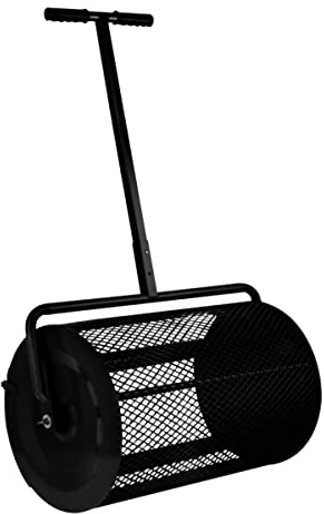 66cm Kompoststreuer Saatgutstreuer Schwarz Torfmoosstreuer Gartenstreuer Düngerstreuer Roller mit T Griff Garten Rasen Gras Stahl Verlängerbarer Griff 80L Maschenkorb Leichtgewichtig GRATIS Handschuhe