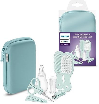 Philips AVENT Babypflege-Set – Starter-Set mit 9 Zubehörteilen: Nagelknipser, Schere, 3 Nagelfeilen, Kamm, Haarbürste, Nasensauger und Fingerzahnbürste (Modell SCH401/00)