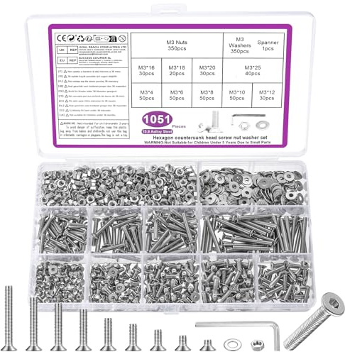 1051 STK M3 Schrauben Set, M3 Senkkopfschrauben Set, Flachkopf Innensechskantschrauben Muttern Set, Maschinenschrauben mit Muttern Set, Gewindeschrauben und Muttern mit Unterlegscheiben Set