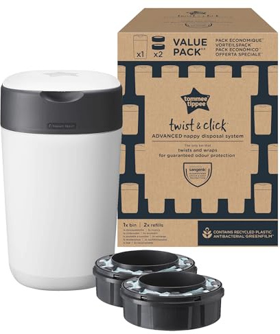 Tommee Tippee Twist and Click Advanced Windeleimer mit 2 Nachfüllkassetten, garantierter Geruchs- und Keimschutz, großes Fassungsvermögen (Verpackung kann variieren)
