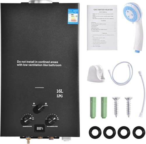 16LPM Gas Durchlauferhitzer, 32kw Propangas Durchlauferhitzer mit Super Niedrigem 0,2 bar Startwasserdruck, Betrieben mit für Zuhause Wohnmobile Kabinen Scheunen, Dusche & Täglichen Gebrauch, Schwarz