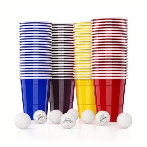 RedCupShop® Beer Pong Becher Set 100 Stück inkl. 16 Bälle | 473ml / 16oz Partybecher in Rot, Blau, Gelb & Schwarz | Wiederverwendbare Plastikbecher für Party, Geburtstag, Camping & BBQ