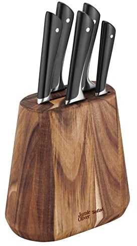 Jamie Oliver by Tefal 5-teiliges Küchenmesser-Set + Block, Koch-/Santoku-/Brot-/Universal-/Schälmesser, eisgehärtet, deutsche Edelstahlklingen, Akazienholz-Block, Braun, K267S556