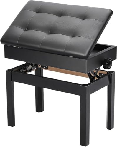 Piano Sitzbank 56 x 33.5 x 58 cm Verstellbare Höhe mit PU Leder Gepolsterter Sitz Kissen Stauraum Taste Ablagefach Hocker Schwarz
