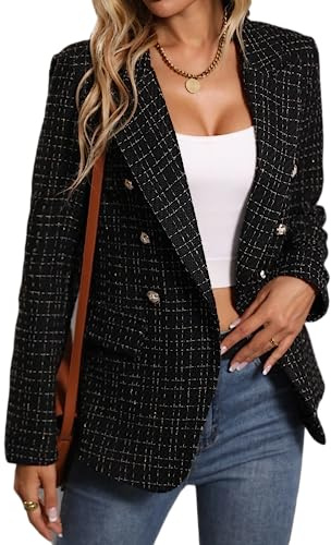 Mina Self 2026 Damen Herbst Tweed Plaid Blazer Business Casual Arbeitsjacke | Langärmelige Button-Down-Jacke, zweireihiges Revers, vollständig gefütterte Jacke, Herbst-Winterkleidung