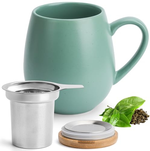 Happy Lemuro Teetasse mit Deckel und Sieb - 550 ml Teebecher mit Sieb - Keramik Teetasse Groß - XXL Teetassen - Tee Tasse mit Deckel - Tee Zubehör - Große Tasse mit Teesieb - Jumbotasse in Türkis