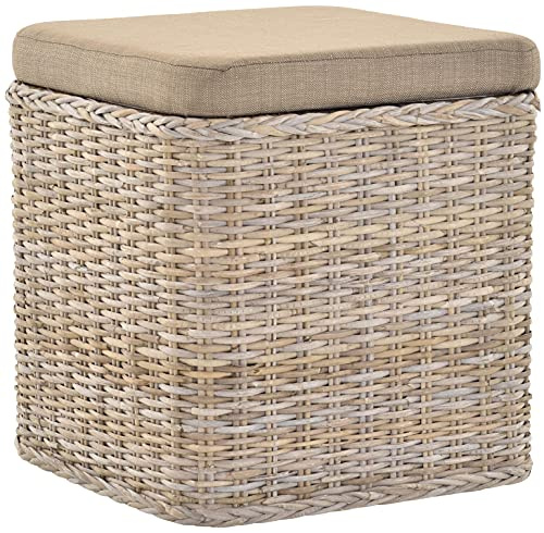 Rattan Wäschekorb Wäschetruhe Sitz gepolstert Flur-Bank Aufbewahrungsbox mit Deckel Bad-Hocker Sitzhocker Wäschesammler Sitz-Truhe Natur (Grau Natur, Quadratisch)