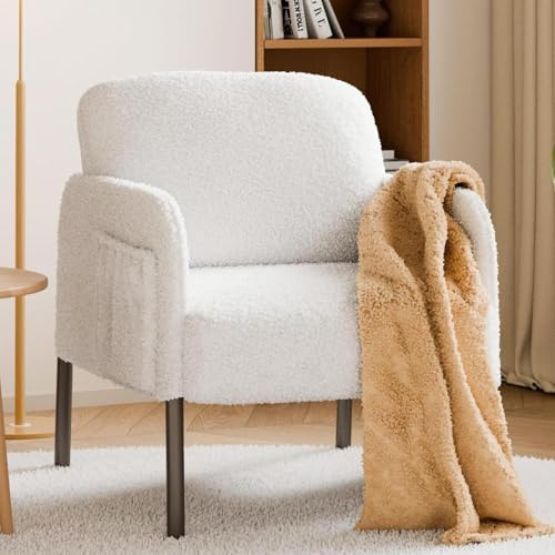 Mondeer Sessel, Einzel Loungesofa mit Seitentasche mit Metallbeinen Gemütlicher Kunstlammfell Stoff Modern, für Wohnzimmer Schlafzimmer Arbeitszimmer, 63 x 75 x 75 cm, Weiß