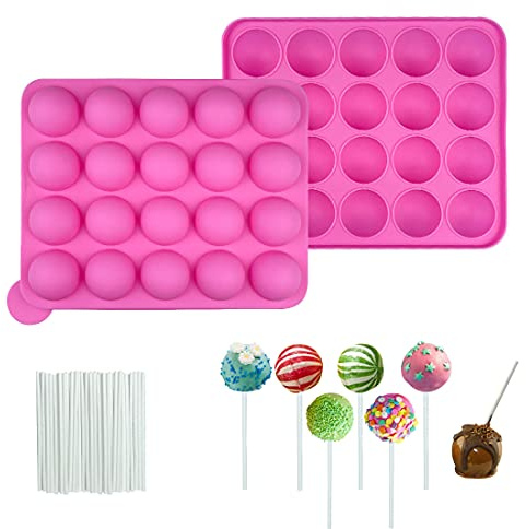 Silikonform Cake Pop Set, 20 Runde Cake Pop Backform mit 20 Stück Lollipop Sticks für Cupcakes, Süßigkeiten, Gelee und Schokolade, Antihaftbeschichtet (Pink)