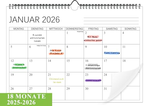 Kalender 2026 - Wandkalender 2026 im A4 Querformat(30 x 21 cm), Familienplaner Mit Jahreskalender Planung, Monatskalender vom Juli 2025 bis Dezember 2026