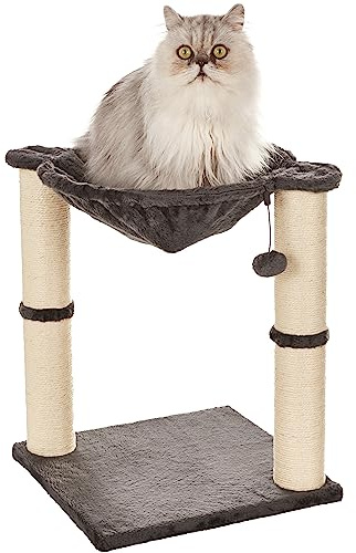 Amazon Basics Katzen-Kratzbaum mit Haus, Hängematte, Bett und Kratzstamm, 41 x 51 x 41 cm, grau