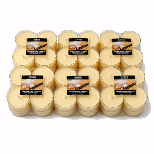 sopomarkt24 XXL Teelichter Duftkerzen 48 Stück Ø58mm Maxi-Teelichter Sandelholz-Vanilleduft Lange Brenndauer für Dekoration, Wellness, Hochzeiten, Gastronomie Tropffrei & gleichmäßiges Abbrennen