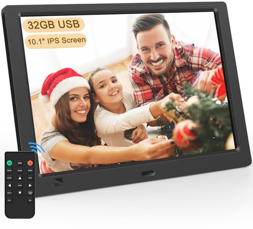 Digitaler Bilderrahmen Elektronischer Fotorahmen ohne WLAN, 10,1 Zoll IPS Bildschirm Photo Frame mit 32GB USB Stick & Bewegungssensor Kalendar/Zeitschaltuhr Foto/Video/Musik-Player Wandmontierbar