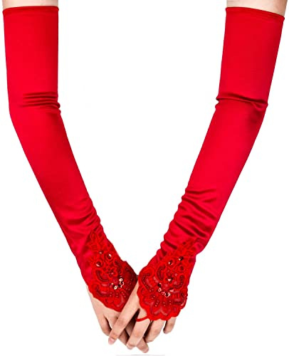 SAVITA Abendhandschuhe Satin Handschuhe Lang Opernhandschuhe Tanzhandschuhe 1920 Handschuhe für Frauen Mädchen (Fingerlose Rot)