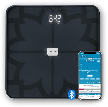 medisana BS 450 connect Körperanalysewaage mit Bluetooth- & Analyse-App | Personenwaage zur Messung von Körperfett, Körperwasser, Muskelmasse und Knochengewicht, bis 180 kg, Weiß