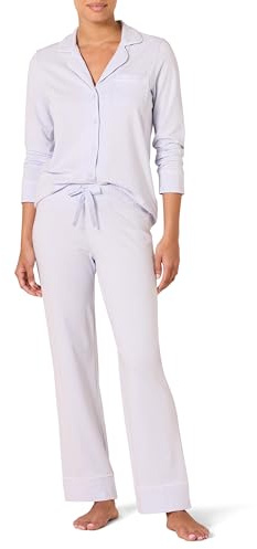 Amazon Essentials Damen-Pyjama-Set, Baumwollmodal, langärmliges Hemd und durchgehende Unterseite, Blassblau, Größe L