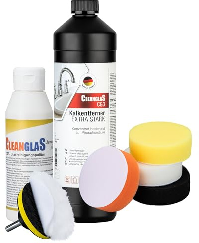 Reinigungsset für Bad & Dusche | 1L Kalkentferner extra stark als Antikalk Reiniger | 250ml Glasreinigungs-Politur für kratzfreie Glas-Reinigung | Premium Tuch | Polier-Schwamm Aufsatz Set
