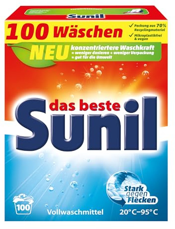 Sunil aktiv Pulver - Vollwaschmittel - für 100 Wäschen - Flecklösekraft, hautverträglich, mikroplastikfrei, vegan - 5 kg
