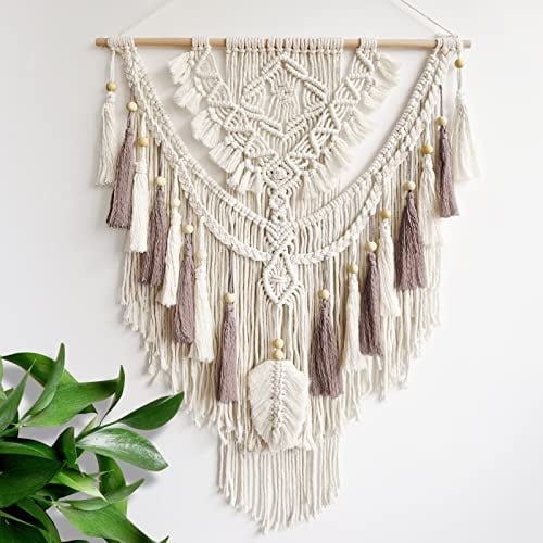 lokeisna Makramee-Wandbehang, gewebter Wandteppich, Beige und Altrose, handgefertigt, Makramee-Wanddekoration, Galerie und Kinderzimmer, Größe 95 cm L x 70 cm B