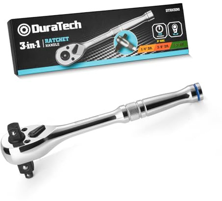 DURATECH 3‑in‑1 Umschaltknarre 180 mm, 1/4, 3/8 & 1/2 Ratschengriff, 72‑Zahn Steckschlüssel aus Legierungsstahl für Auto, Motorrad und Maschinenreparatur