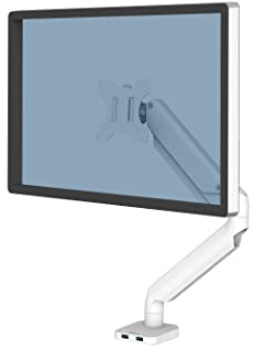 Fellowes Monitor Halterung für 1 Bildschirm bis 32 Zoll (81,28 cm) - Platinum Series Monitor Arm mit Gasfeder, USB Ports - Befestigung mit Klemme oder Kabeldurchlass - Farbe: Weiss