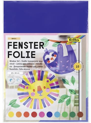 folia 455409 - Fensterfolie, selbsthaftend, transparent, farbig sortiert, ca. 23 x 33cm, 10 Blatt - ideal zur Gestaltung von Fensterbildern