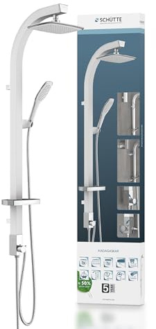 SCHÜTTE MADAGASKAR Regendusche mit Handbrause, Duschsystem in weiß mit praktischer Ablage und Wandhalterung, Duschset für Duscharmaturen, 120 cm