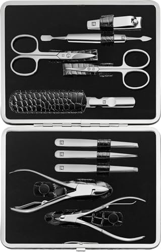 Zwilling Maniküre Set Pediküre Kit, Nagelpflege Komplettset, Rindleder, Kroko Edition, 10-teilig, Schwarz