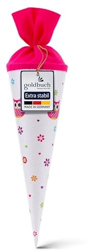 goldbuch 93 043 Geschwistertüte Eule, Schultüte aus Lackarton mit Eulen-Blumenmuster, Geschenkverpackung mit pinkem Filzverschluss (ohne Verschlussband), Zuckertüte rund, Länge 35 cm, Ø 11,5 cm, Weiß