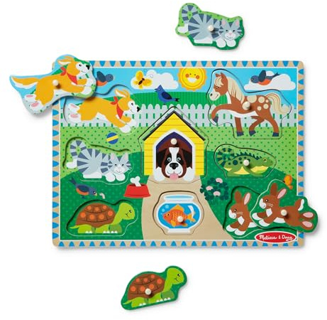 Melissa & Doug - Haustiere Holzpuzzle Kinder, Puzzle ab 2 Jahre, Greifpuzzle Steckpuzzle Holz, Holzpuzzle ab 2, Holzspielzeug Spiele ab 2 Jahre, Schichtpuzzle Holz Puzzles Kind
