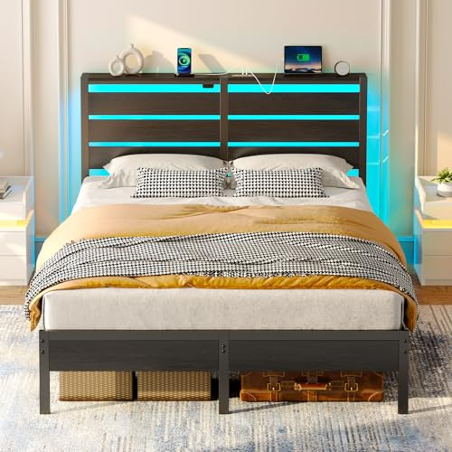 Rolanstar Bettgestell mit LED, Metallbettl mit USB-Ladestation & Holzkopfteil, Doppelbett mit Stauraum unter dem Bett, perfekt für Schlafzimmer (Schwarz, 160 x 200)
