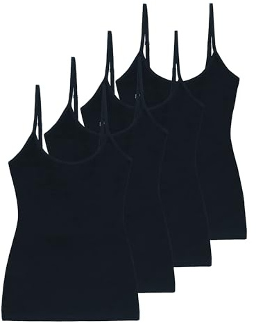 Comfneat Damen 4-Pack Spaghetti Tops Slim-Fit Verstellbare Träger Camisole | Baumwolle Elasthan, Verstellbare Träger, Unterhemden