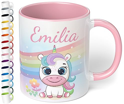 True Statements Personalisierte Kindertasse mit Namen - Einhorn Regenbogen Motiv, 330 ml Keramik, Rosa