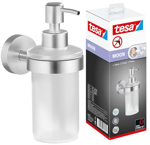 tesa Moon Seifenspender-Set - 200 ml - 70 mm x 109 mm x 156 mm | Flüssigseifenspender zur Wandbefestigung ohne Bohren - satiniertes Glas, in Edelstahloptik - inkl. Klebelösung