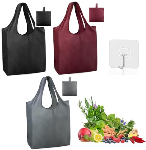GmwyCzV 3 Stück Faltbare Einkaufstasche, Leichte Handtasche 38x40cm | mit Tragegriffen und Kleiner Haken, Langlebig Wasserdicht Schnelltrocknend Einkaufsbeutel für Einkauf Reise Outdoor Camping