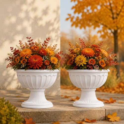 NUPTIO 2 Stück Pflanzen Blumenspindel, Dekorative Urne aus Kunststoff mit Einer Höhe von 26cm, Hoher Kunststoff Pflanzensockel, Hausgarten Veranda Türdeck Balkondekoration, Weiß