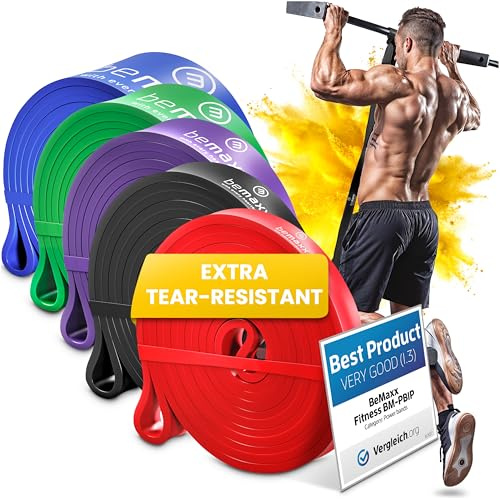 BeMaxx Fitnessband Pull-Up Set: 5 Widerstandsbänder (Rot, Schwarz, Lila, Grün, Blau) für Klimmzüge & Ganzkörpertraining