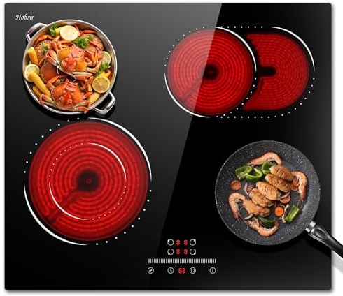 Hobsir hob 4 Zonen Glaskeramikkochfeld Elektrokochfeld 4 Kochfelder Sensor-touch Control Kochfeld Autark 60cm, 6600W, 9 Leistungsstufe, kein Stecker