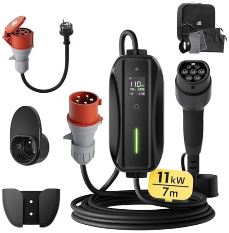 dé Mobile Wallbox/Ladestation 11kW [3-phasig|7m|6-16A] mit Einstellbarer Ladeleistung, Ladekabel CEE 16A auf Typ 2 und EV Ladegerät für Model Y/3, ID.3/4/5, MG4, EX30, e-up, e-tron, Zoe und andere EV