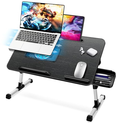 ICARE Laptoptisch, Höhenverstellbar, Winkelverstellbar, Betttisch Klappbar mit Laptop Kühler, Tablet-Ständer, Schublade, Laptop Tisch für Bett, Sofa, Couch, Boden (53 x 30 cm, Schwarz)