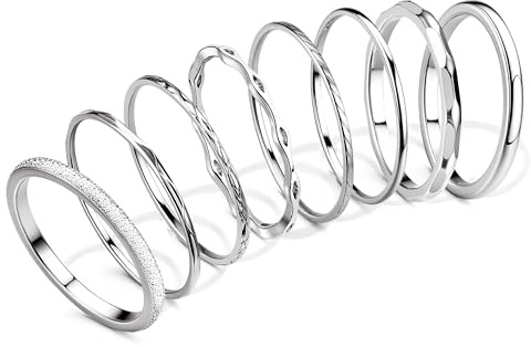 JeweBella 8 Stück Ringe Silber für Damen Edelstahl 1MM Plain Dünn Midi Fingerring Minimalistisch Daumenringe Set Stapelbarer Knuckle Ringe Silber Einfaches Twist Ring Frauen