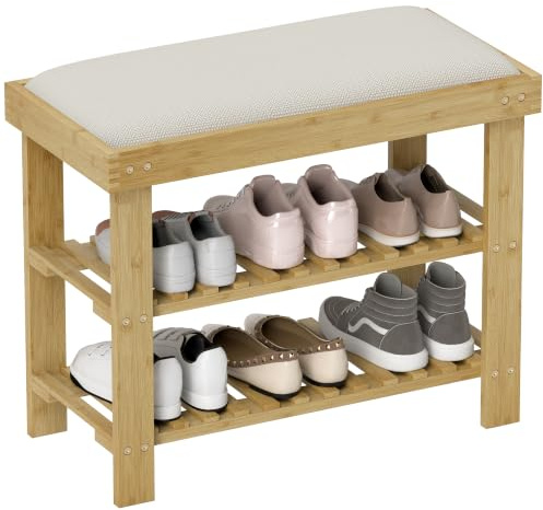 HOMCOM Schuhbank mit Sitzfläche Bambus mit Stauraum 60 x 29 x 49 cm Creme | Schuhregal mit 2 offene Fächer, Sitzbank, Bank, Garderobenbank, Für Wohnzimmer, Flur