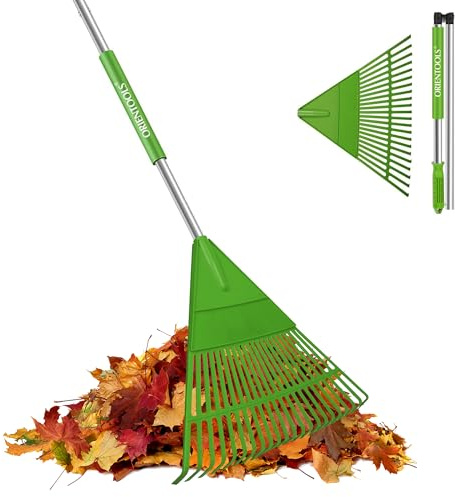 ORIENTOOLS Gartenrechen für Blätter, verstellbar, leicht, Stahlgriff, Polystrauch-Laubbesen (verstellbar, hellgrüne Hand, 22 Zinken)