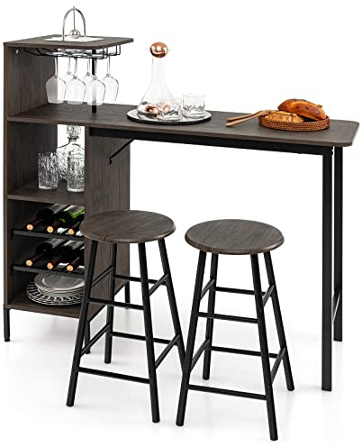 COSTWAY Bartisch mit Barhocker Set, 2 Personen Bartisch Set mit Halterungen für Weingläser und Flaschen, Küchentheke für Wohnzimmer, Esszimmer und Küche (vintagebraun)