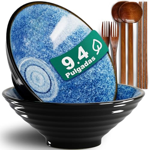 9.4 Zoll 2 Set Keramik Ramen Schüssel(8 Teilig) - Japanisches Porzellan Spülmaschinenfest Geschirr mit Gabel Essstäbchen Löffel für Nudeln Suppen Getreide Salate Mann Frau Geschenke für neuen Häusern