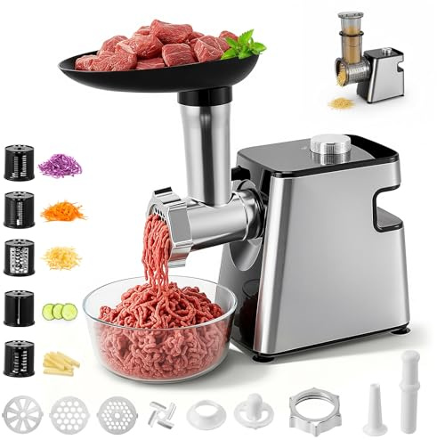 Fleischwolf Elektrisch 2800W, Küchenmaschine mit Gemüseaufsätzen und Käsereibe, 5-in-1 Multizerkleinerer mit Wurstaufsatz und Fleischballen-Set für Fleisch Gemüse Käse