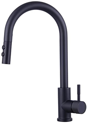 Wasserhahn Küche Schwarz, Hochdruck Küchenarmatur Ausziehbar 360° Schwenkbar, Einhebel Spültischarmatur mit Brause 2 Modi, Hoher Bogen Mischbatterie Küche, Armatur Küche Ausziehbar Edelstahl